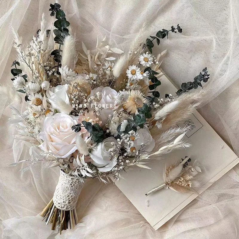 Dry Pampas Grass Wedding Bouquet Bridal Rose Artificial Boho Home Decoration 240919