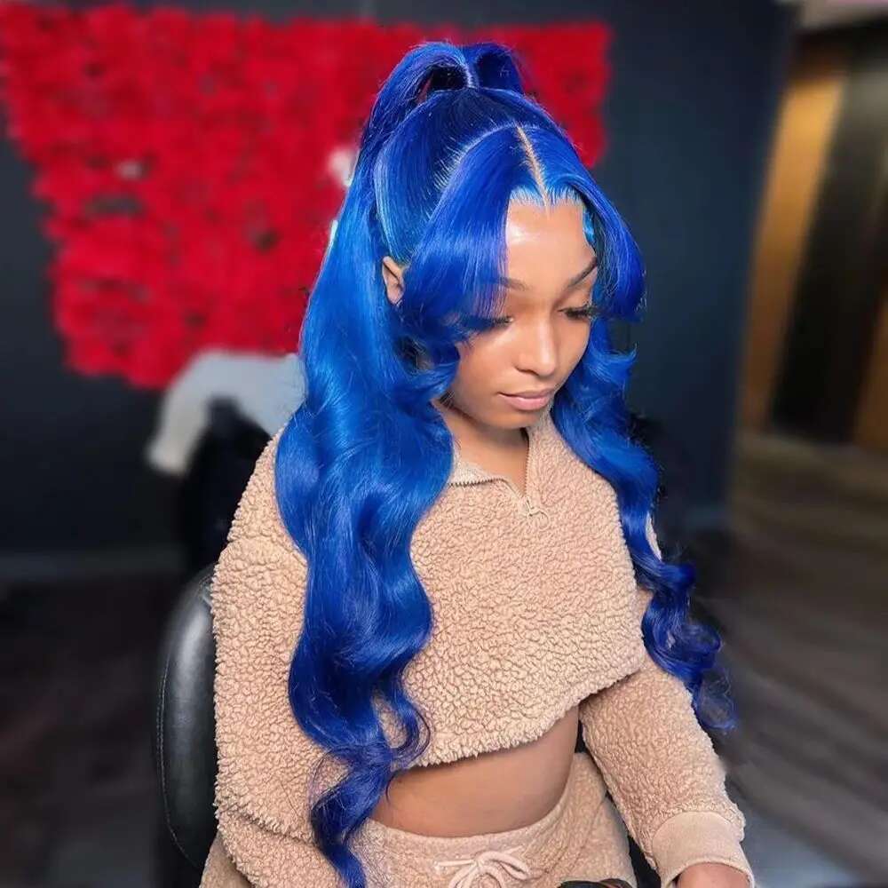 Royal Blue Colored Front 13x4 Body Wave Brazilian Transparent Lace Frontal For Women Human Hair Wigs Pre Plucked