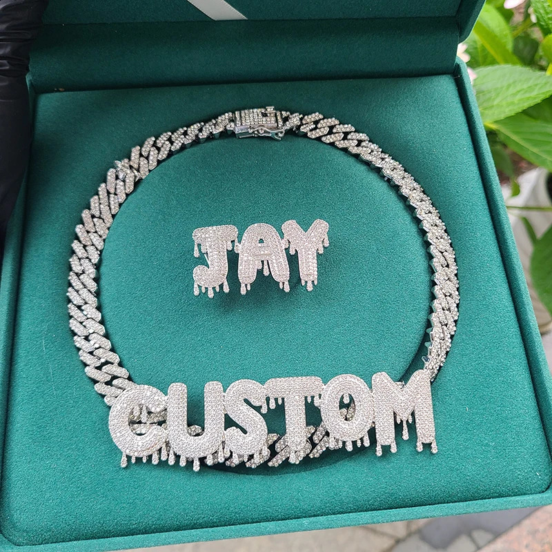 Custom Name Necklace Drip Letter with Rhinestone Cuban Chain Hip Hop Jewelry Drop Shiping 240914