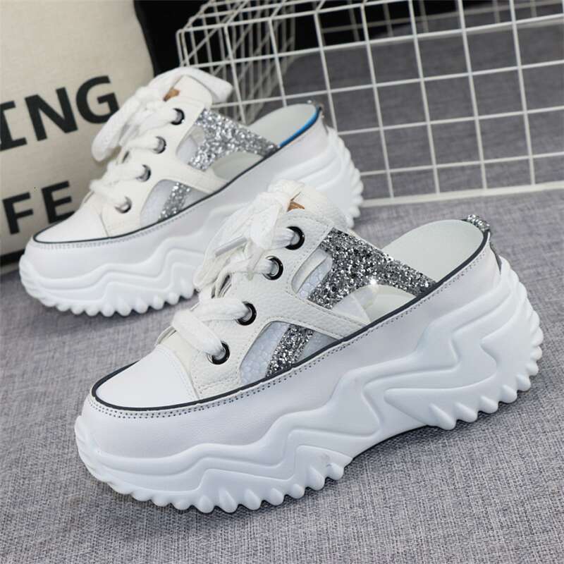New Glitter Leather Women Chunky Sneakers Platform Wedge Breathable Slippers Comfortable Hollow Summer Shoes
