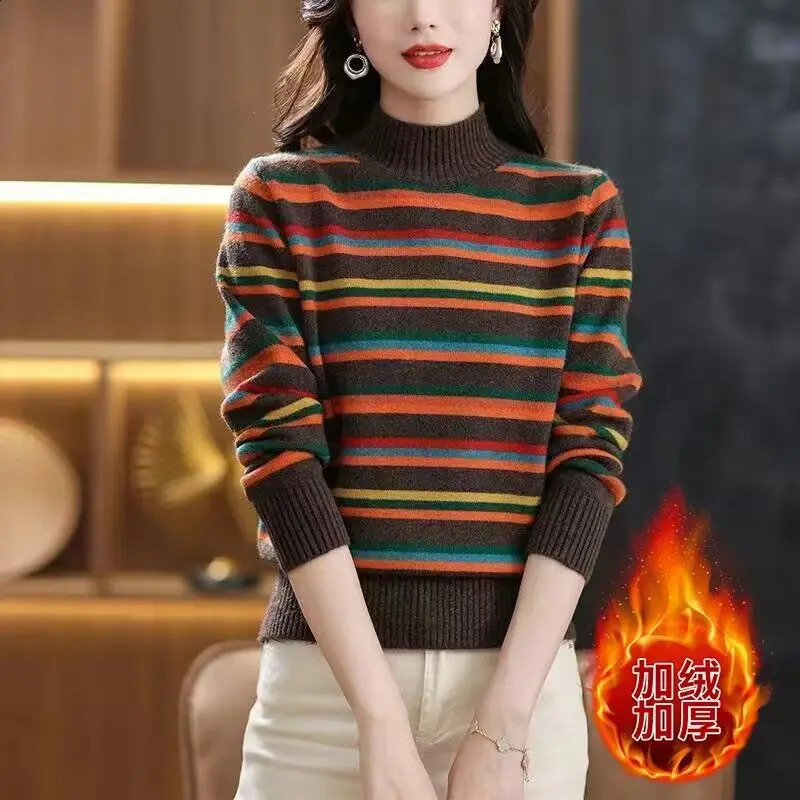 Lion Mountain Rainbow Winter Womens Half High Collar Long Sleeve Striped Sweater Colored and Velvet Fit Comfortable Top 240912