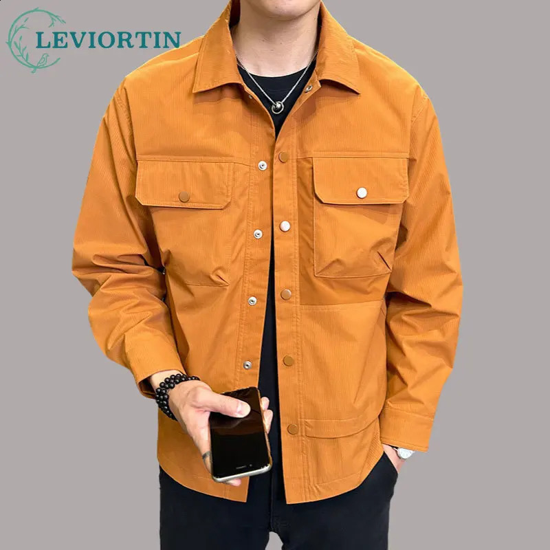 Spring and Autumn Mens Thin Work Jacket Casual Button Down Multi Pocket Bomber Solid Color 240921