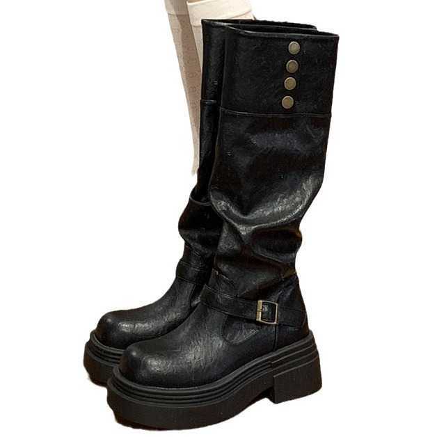 CMM Black British Thick Soled Boots for Women New Spring and Autumn Season Height Increasing and Slimming Knight Boots