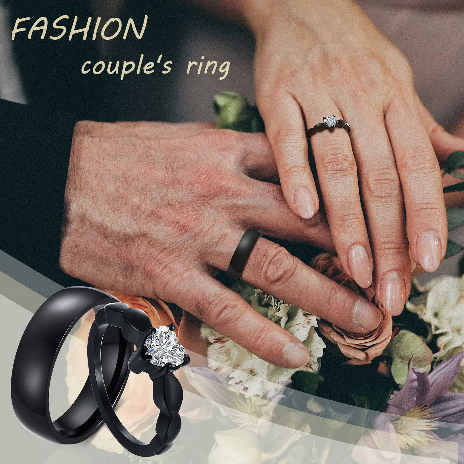 Vnox Romantic Heart CZ Stone Couple Wedding Rings for Women Men Black Color Stainless Steel Bands Engagement Jewelry Love GiftX240921