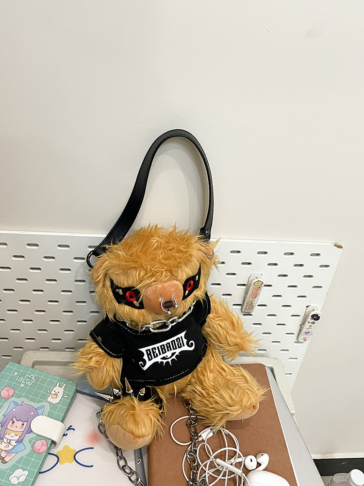 Small niche design sweet and cool rivet punk bear plush toy cross bag