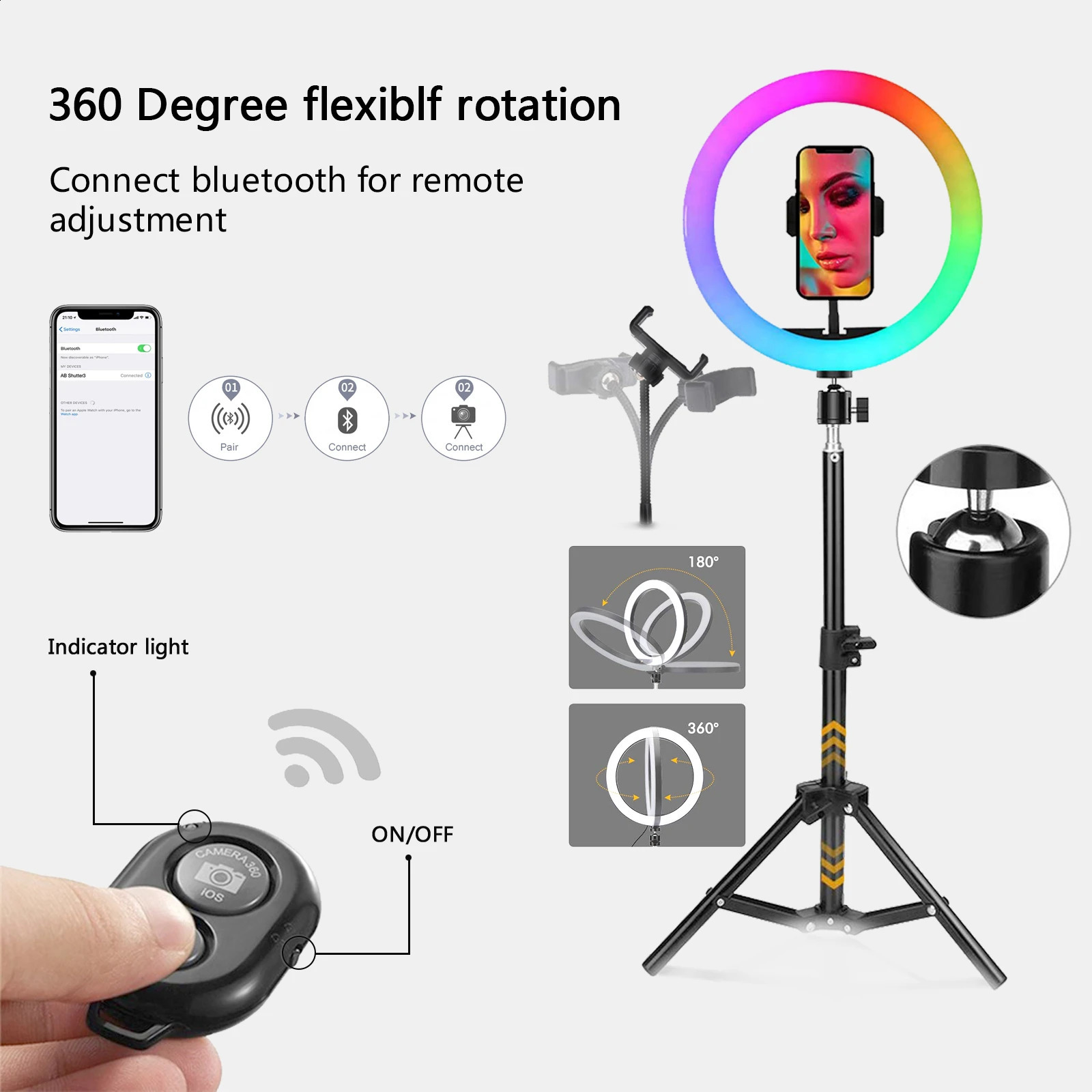 2024 RGB Ring Tripod Stand Holder for Phone Photography & Makeup, 3 Modes, Dimmable LED Circular Fill Light dh910320090