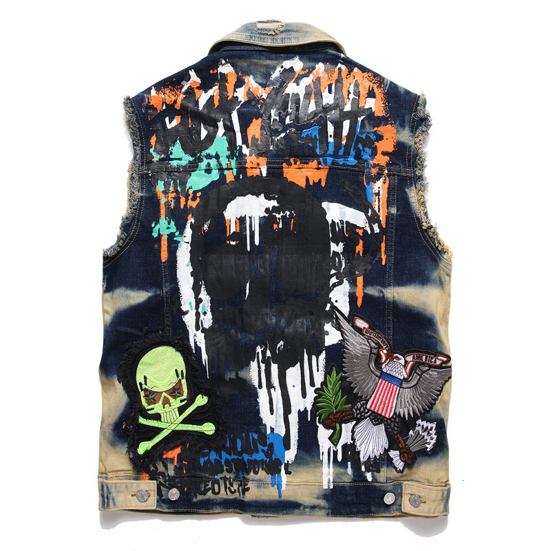 Men's New Slim-Fit European And American Style Multi-Badge Skull Paint Long-Sleeved Trendy Slim Denim Jacket M-3Xl