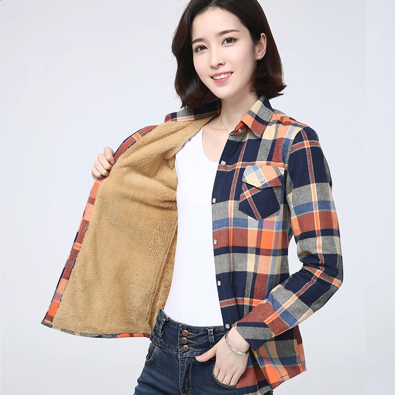 2023 Winter Plus Thick Womens Warm Plaid Shirt Coat Lady Casual Fleece Velvet Jacket Tops Women Clothes Outerwear 240919