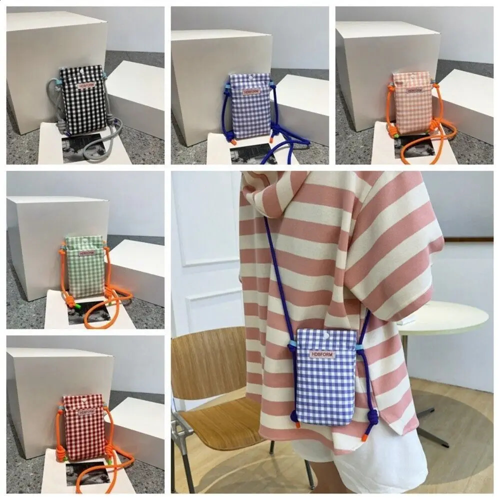 Polyester Grid Shoulder Bag Multifunctional Large Capacity Square Bags Mini Cartoon Mobile Phone Women 240919