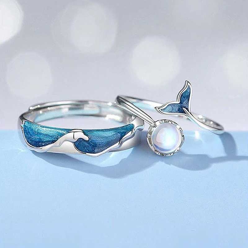 2PCS New Couple Rings For Women Sun Moon Dolphin Wings Cross Matching Jewelry Finger Open Adjustable Couple Engagement RingX240921