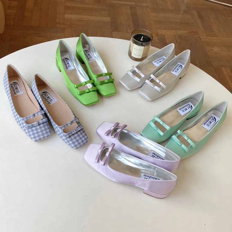 Mint green satin single shoe square toe arch low heel comfortable versatile Mary Jane shoes 240919