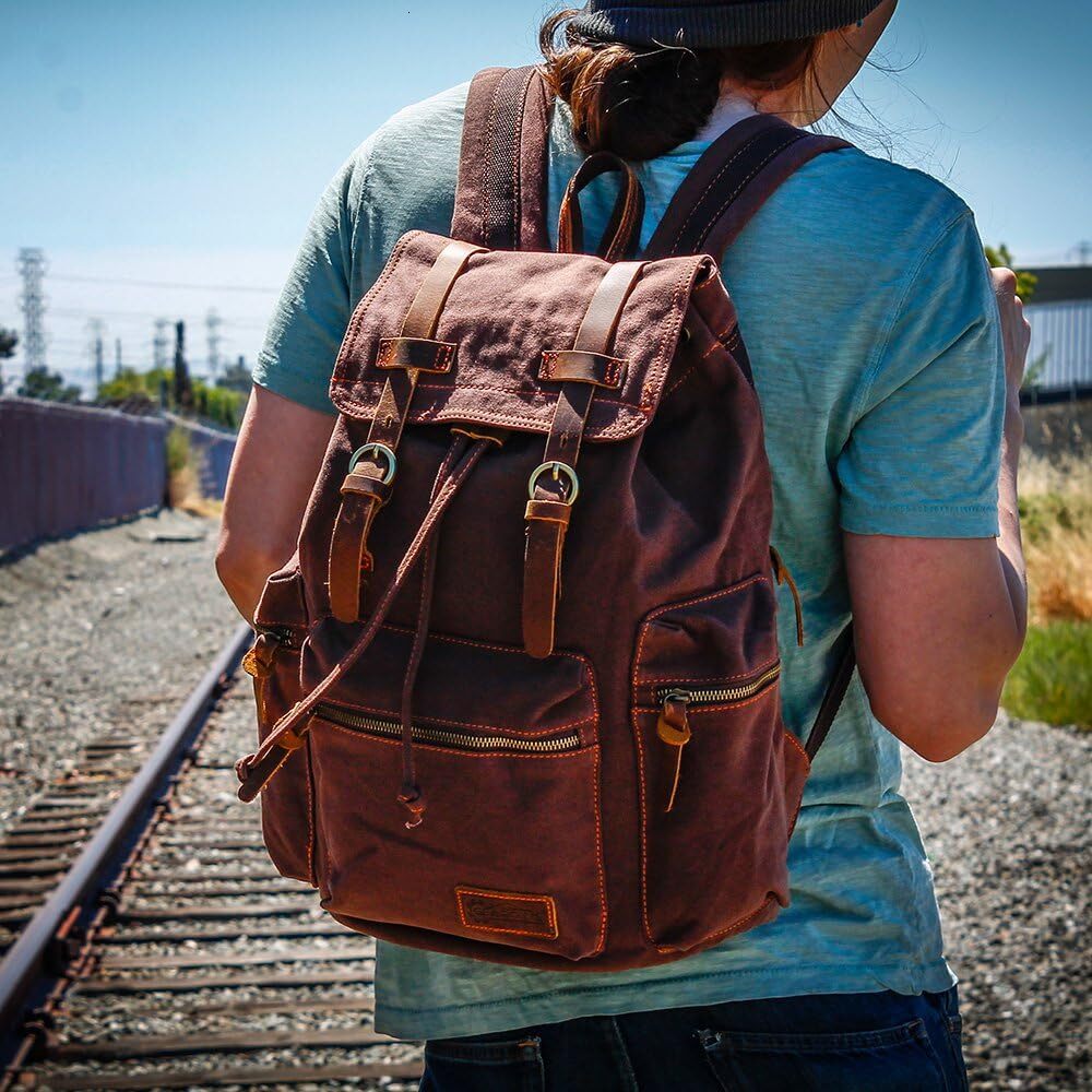 Vintage Canvas Backpack, Casual Daypack Backpac for Men Women, 15inch Laptop Bag Travel Hiking Camping Rucack