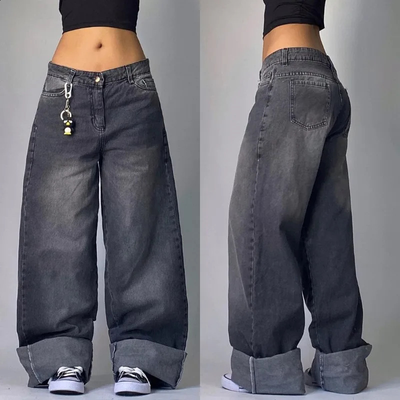 American Harajuku Retro Washed Black Baggy Jeans Men And Women Y2K Street Fashion Leisure Gothic High Waisted Wide Leg Trousers 240911