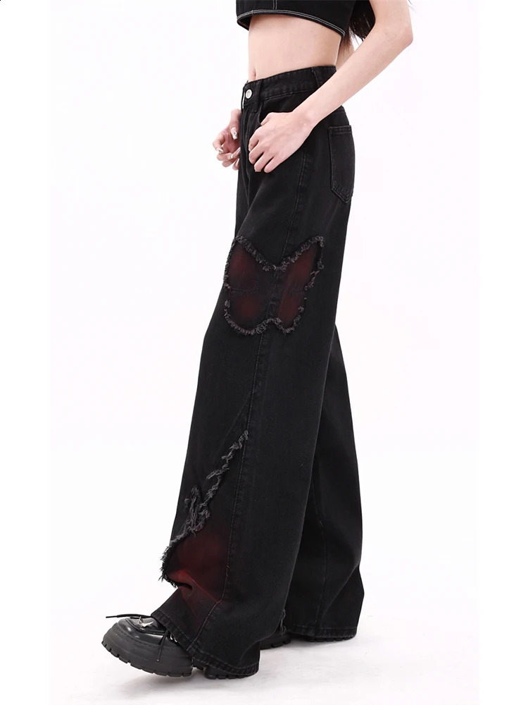 WCFCX STUDIO Womens Black Pocket Jeans Harajuku Y2k Aesthetic Butterfly Denim Korean Retro Wide Leg 240921