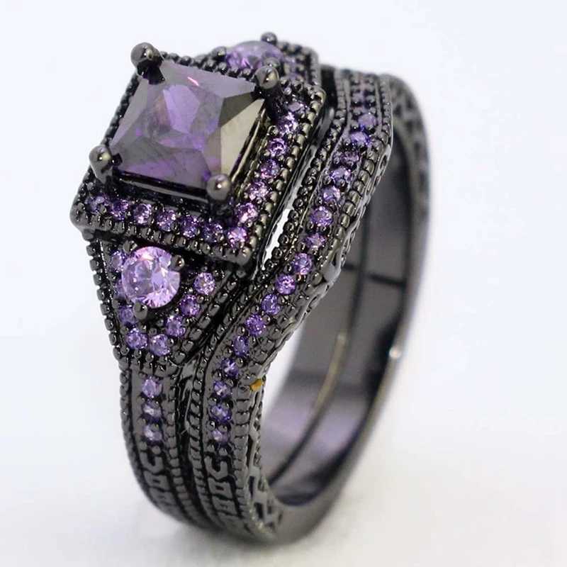 Fashion Black Couple Ring Purple Zircon Bow Women Ring Simple Stainless Steel Men Black Ring Jewelry Engagement Lover GiftX240921