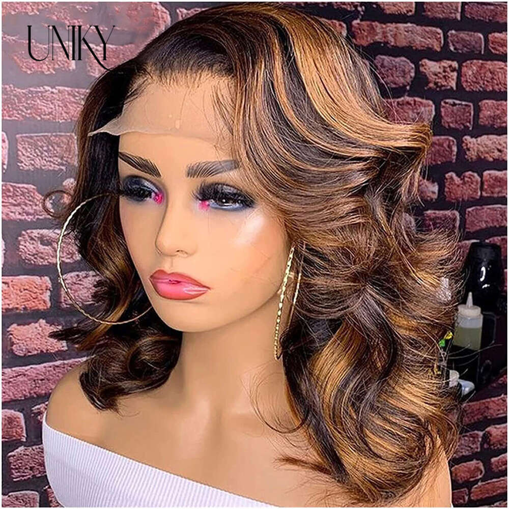 Body Wave Highlight Natural Black Color Bob Brazilian Human Middle Part Lace Frontal Pre Plucked Hair Wig 180 Density