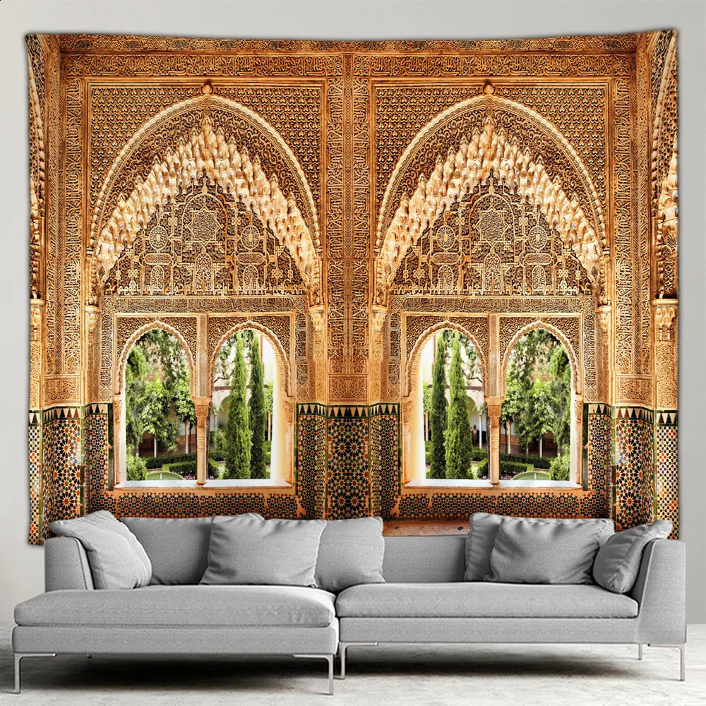 Moroccan architectural tapestry retro Islamic geometric pattern wall hanging Bohemian living room home decoration mural painting 240919