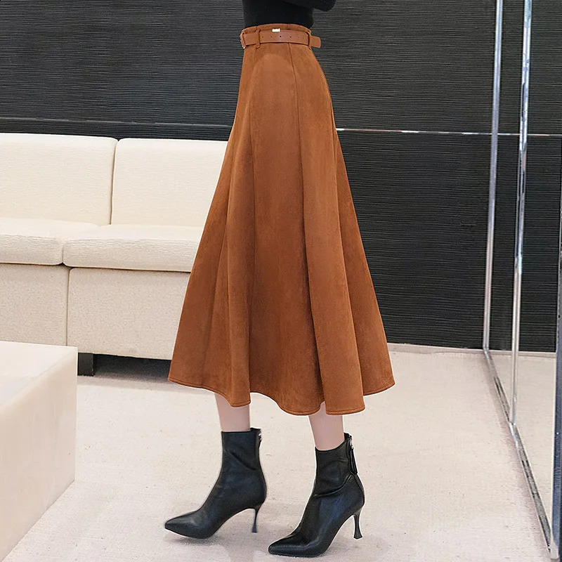 Women Suede Large Swing A-line Skirt For Autumn Winter High Waist Retro Puffy Long Thicken Warm Skirts With Belt Dropshiping 240919