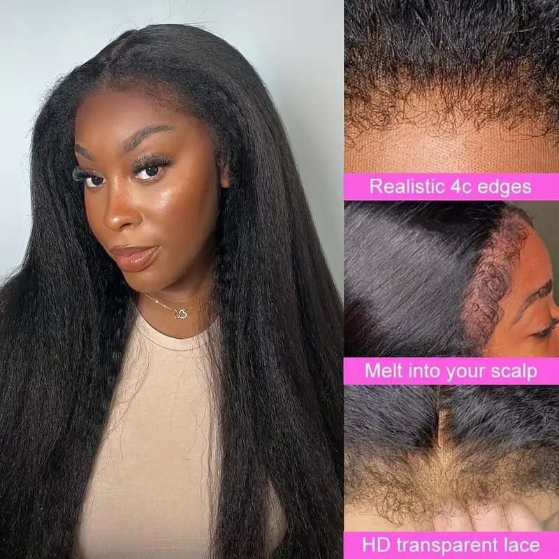 4C Edges Kinky Haire Transparent 13x6 13x4 Lace Frontal Human Wigs With Pre Plucked Baby Hair Yaki Straight Wig