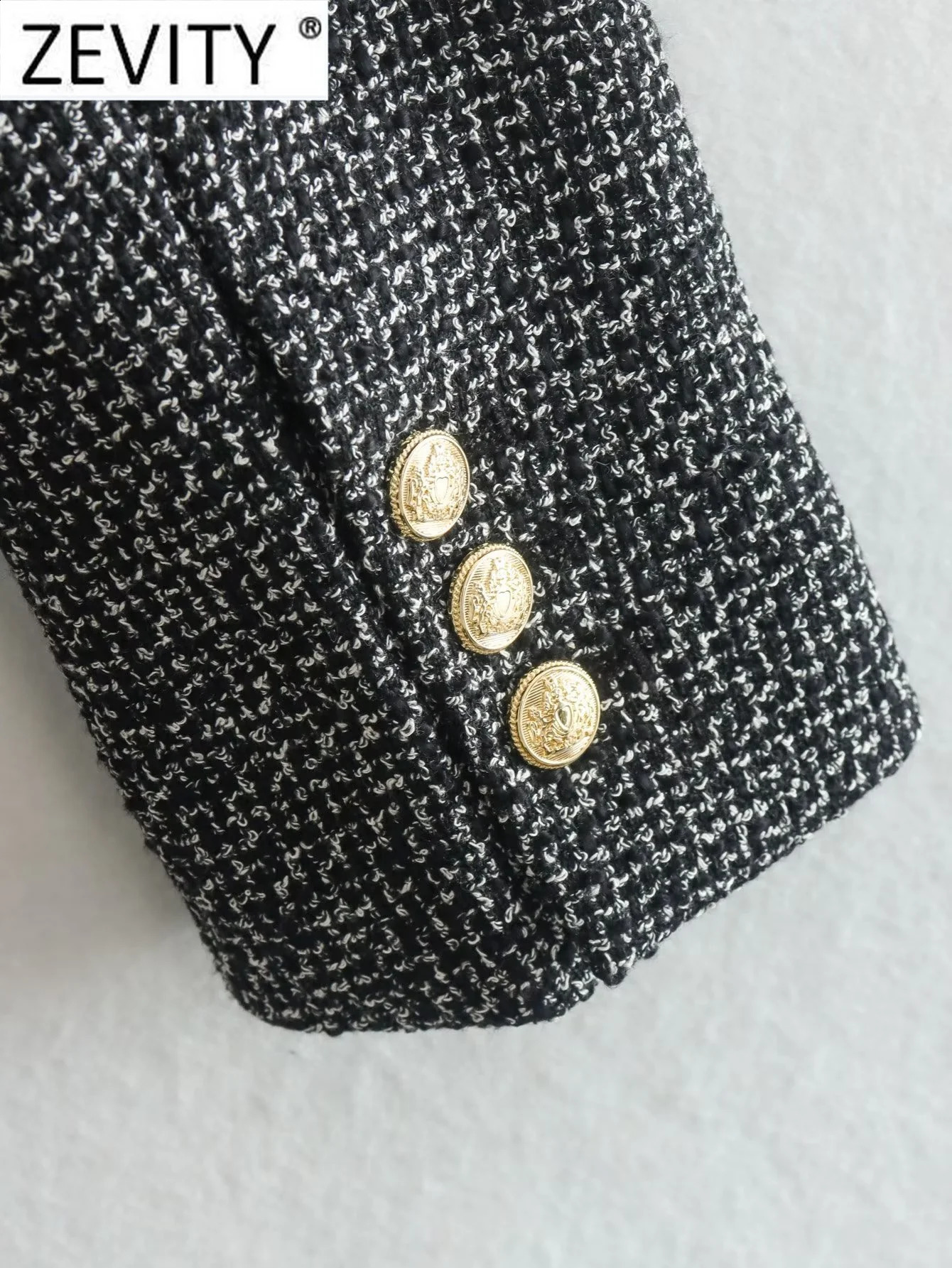 ZEVITY Women Vintage Notched Collar Houndstooth Pattern Tweed Woolen Blazer Coat Female Outerwear Chic Suits Veste Tops CT2994 240911