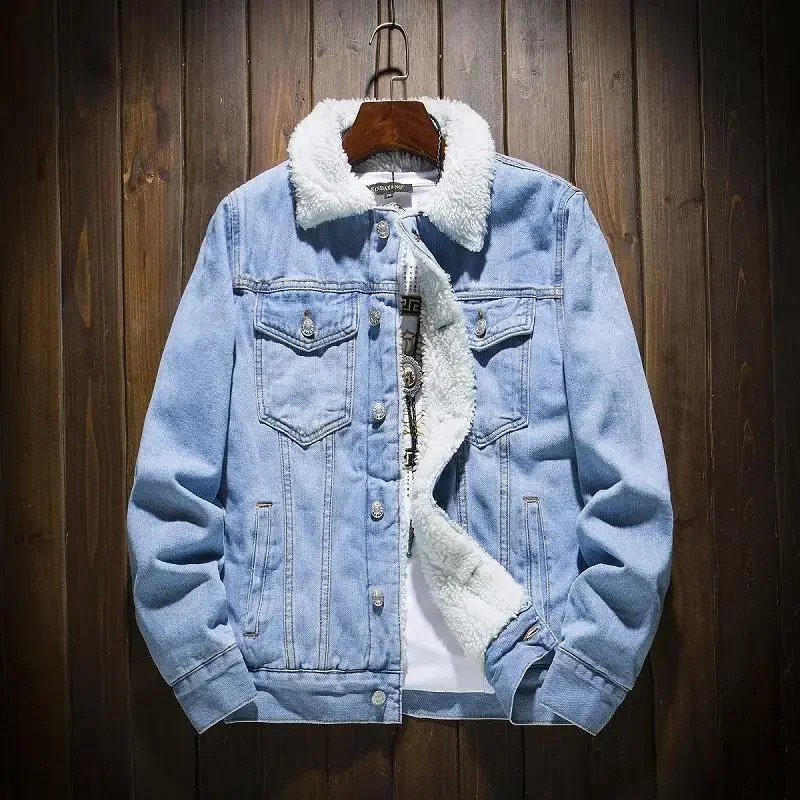 Mens thick wool lined denim cotton coat fashionable Korean style loose suit padded jacket casual winter fashion 240921