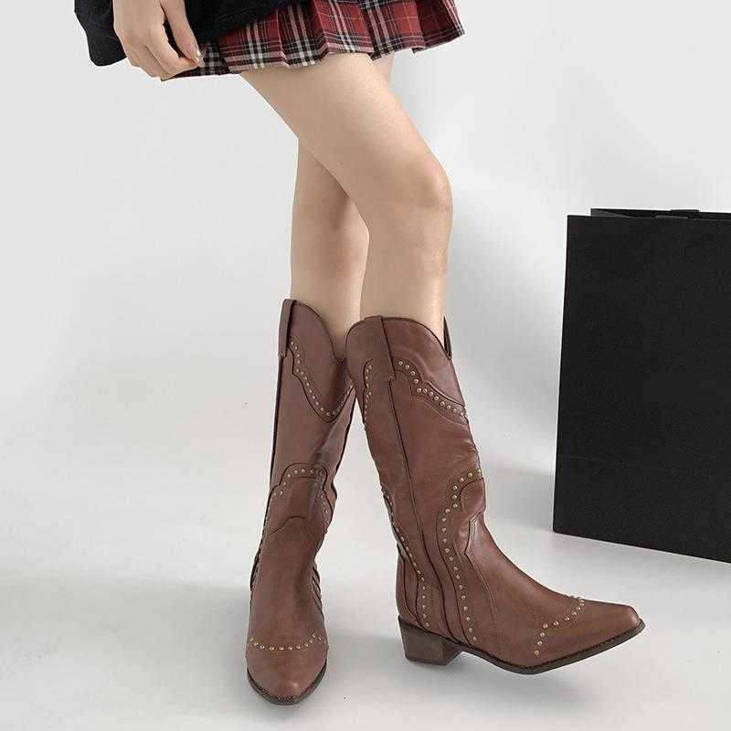 CMM Classic and Versatile Thick Heeled Long Boots for Women New Summer Pointed Toe Slimming and Height Increasing v Neck Knight Boots