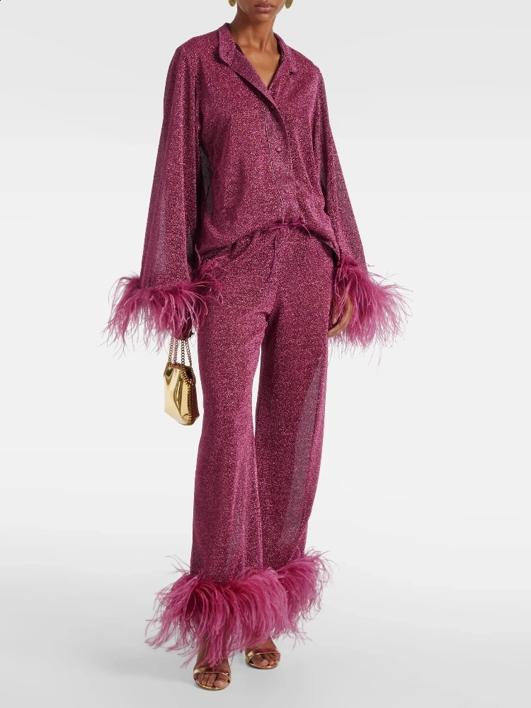 Women Fashion Shinny Feather Solid Shirt Trouser Suits Chic Lapel Single-breasted Tops Autumn Set Lady Holiday Pants Sets 240914