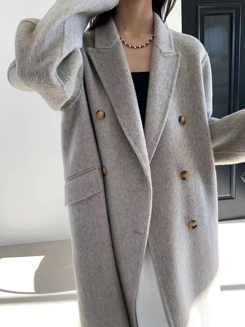 Women Winter Gray Thick Woolen Coats With Button Loose Long Sleeves Pocket Ladies Elegant OverCoat 240911