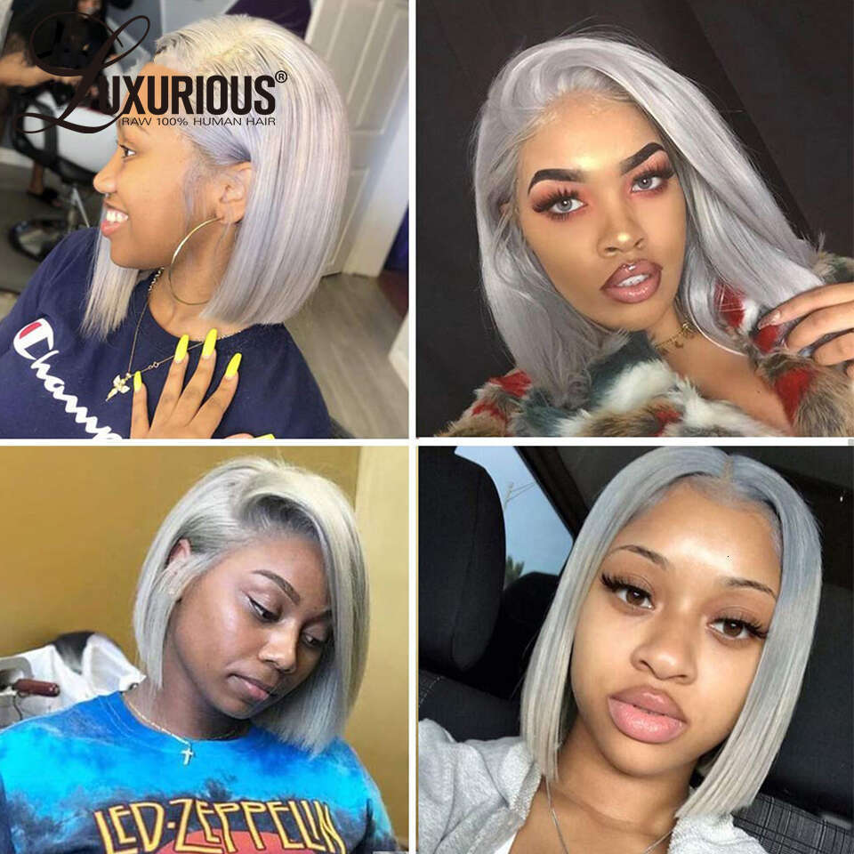 URIOUS Sliver Grey Short Bob Human Wigs For Women 13x4 Transparent Lace Frontal Straight Brazilian Remy Hair Wig