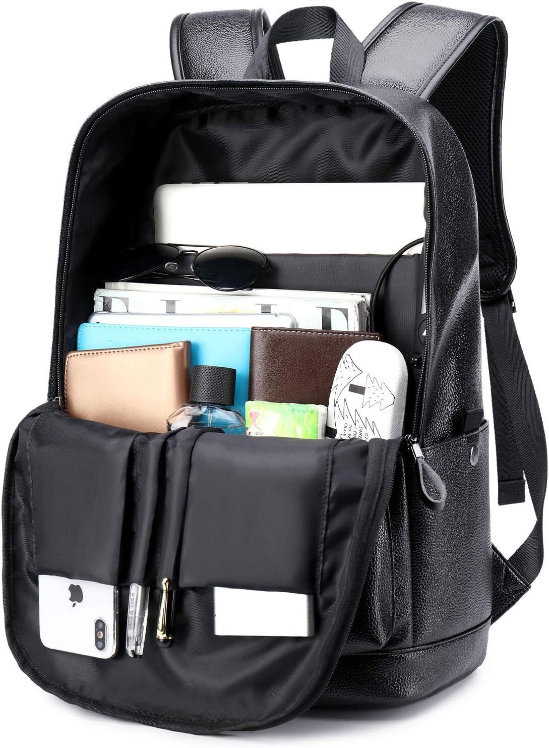 Black Leather Men Women Work Travel, Lightweight School Bookbag for College Students, Waterproof Casual Daypack Computer Backpack fits 15.6 Inch Lapto