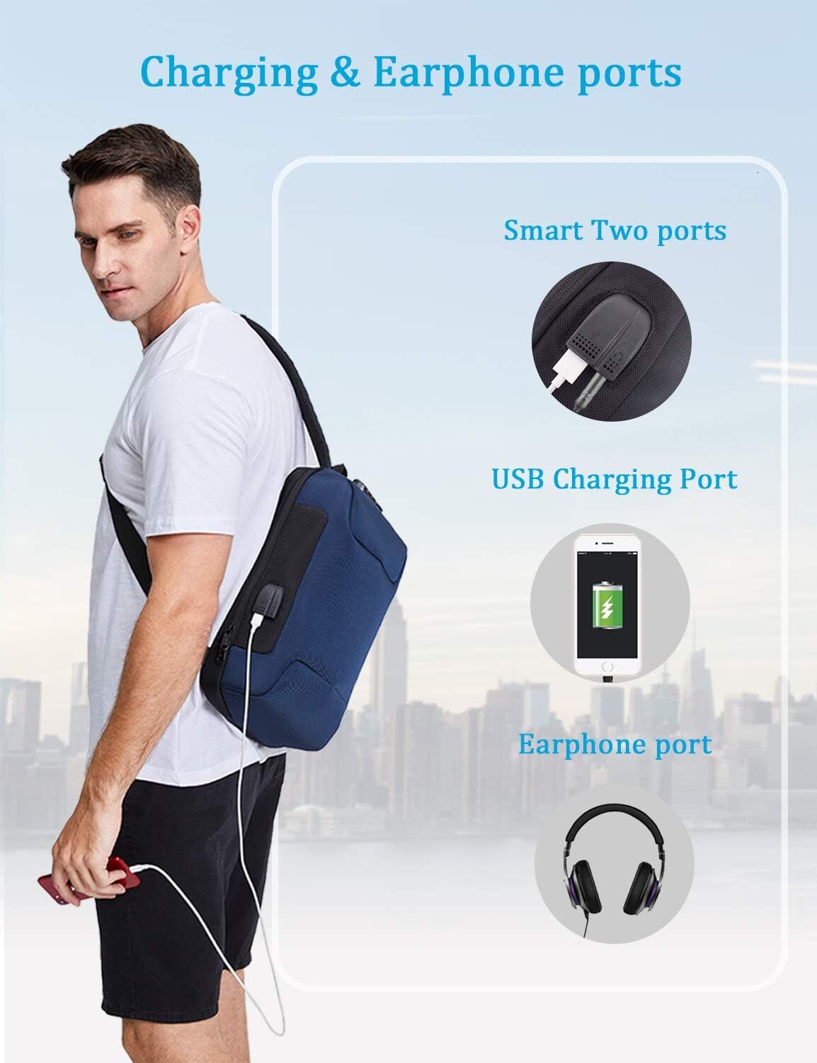 USB Anti-theft Laptop Backpack, 13.3 Inch Casual Chest Shoulder Daypack for Men and Women