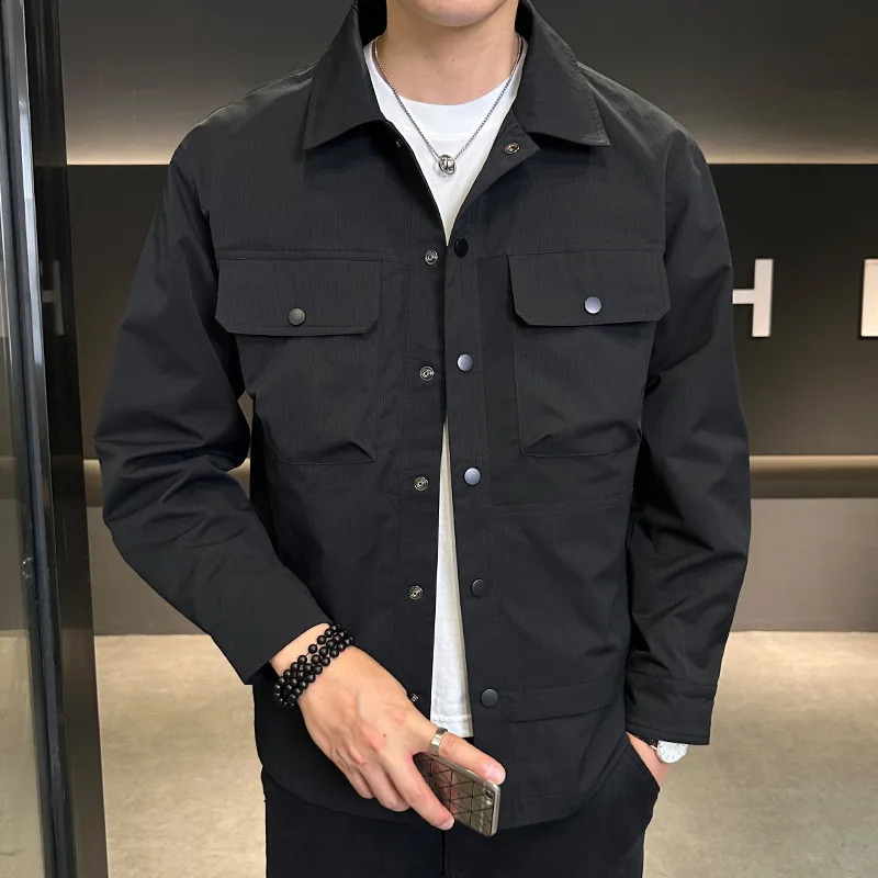 Spring and Autumn Mens Thin Work Jacket Casual Button Down Multi Pocket Bomber Solid Color 240921
