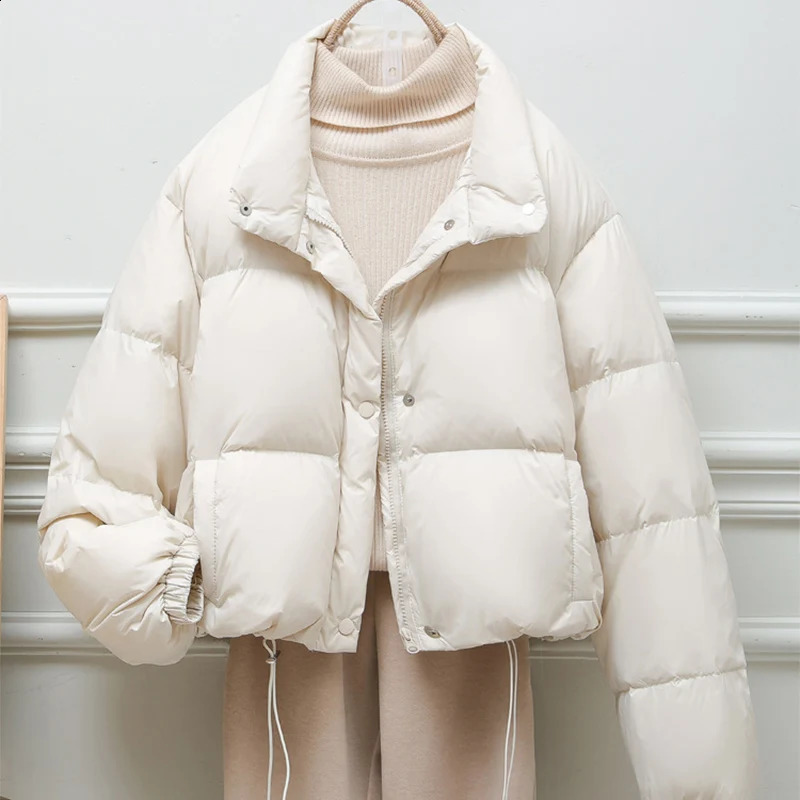 Womens winter cotton padded jacket casual plain neck thick pocket loose zipper short and simple warm open top 240921