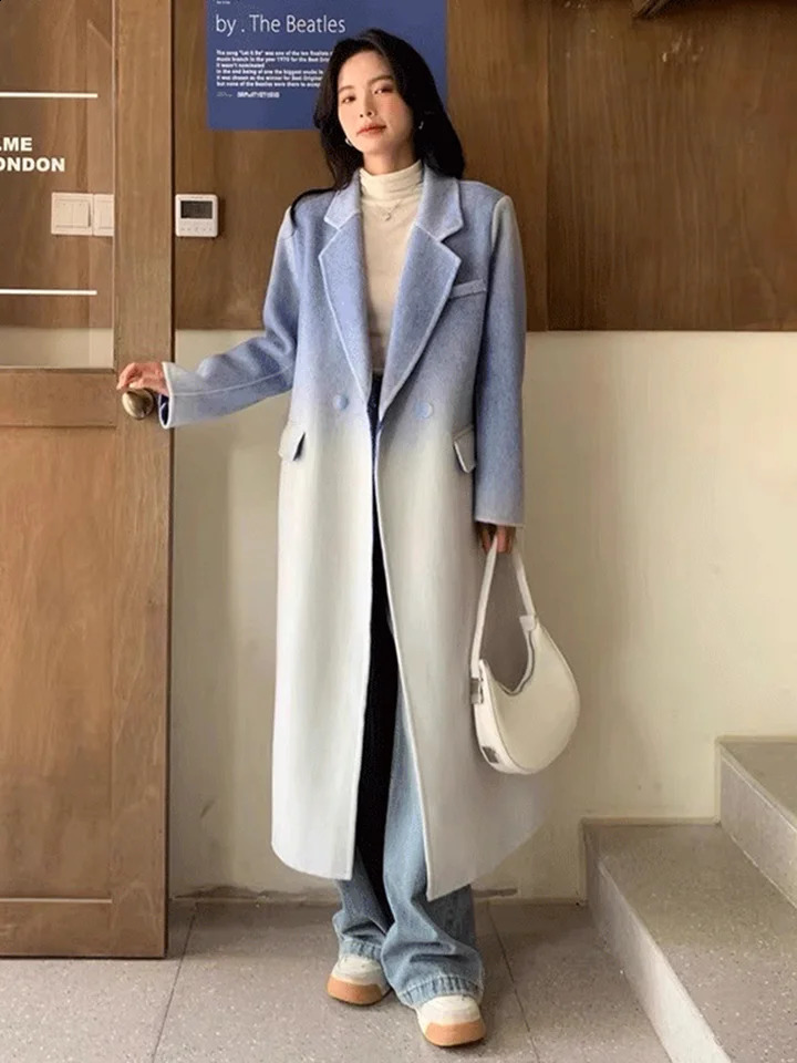 2024 Winter Women Vintage Long Woolen Coat Fashion Long Sleeve Jackets Chic Gradient Outerwear Korean Ladies Casual Overcoat 240918
