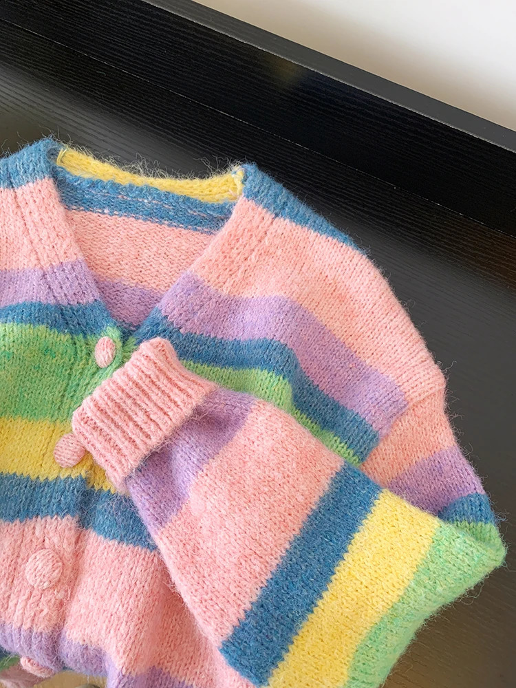Rainbow Striped Chic V-Neck Knitted Cardigan Womens Long Sleeve Sweater Korean Fashion Short Coat Autumn Winter 240912