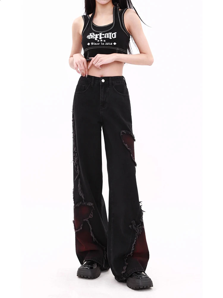 WCFCX STUDIO Womens Black Pocket Jeans Harajuku Y2k Aesthetic Butterfly Denim Korean Retro Wide Leg 240921