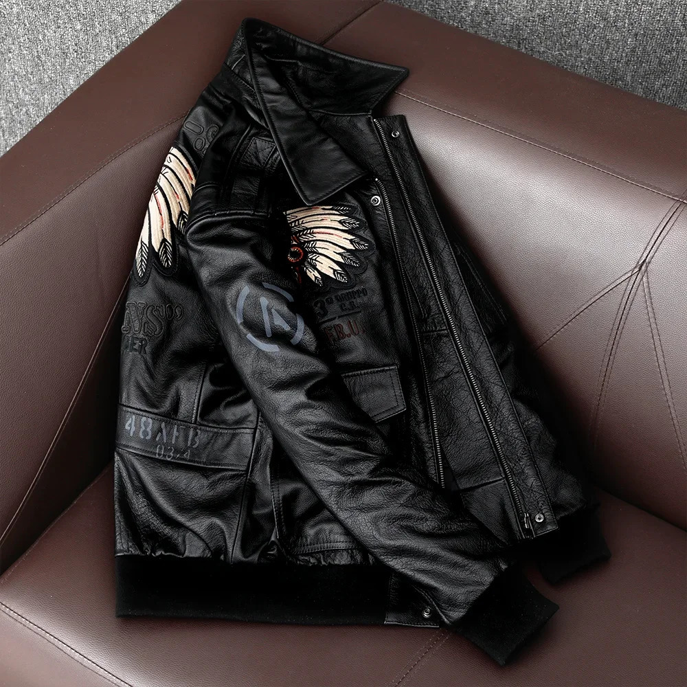 Indian Embroidered Flight Suit Natural Leather Coat Mens Denim Leather Motorcycle Jacket Ultra Thin Fashion Clothing 240909