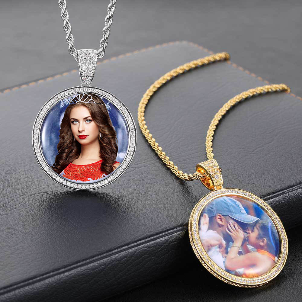 Custom Photo Pendant Necklace TopBling Zircon Memorial Frame Medal Pendants Jewelry Women Men Gift