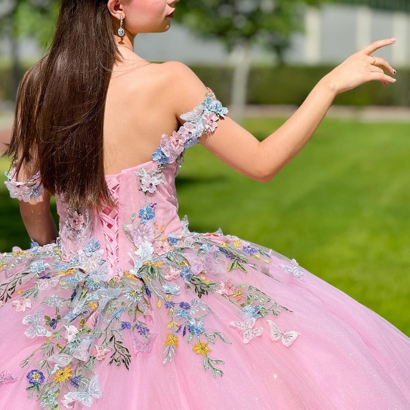 Pink Sparkly Princess Quinceanera Dresses off Shoulder Gillter Applique Lace Bow Sequins Beading Tull Vestido 15 de Anos Sweet 16 Dress