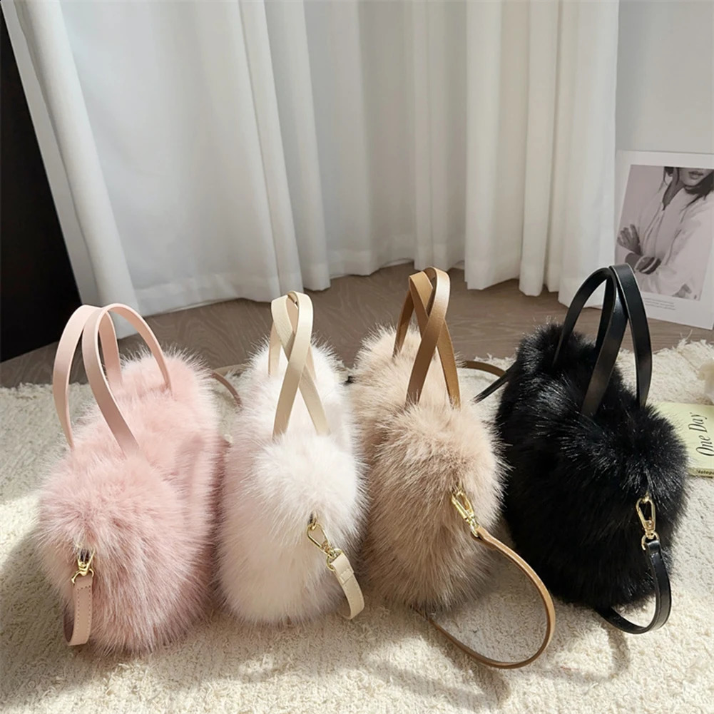 Faux Fur Top-Handle Bag Fluffy Women Crossbody Bags Solid Color Handbag Adjustable Strap Satchel Ladies Soft Shoulder Bag 240909