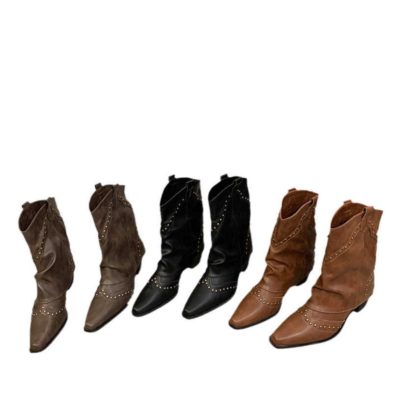 CMM Brown v Neck Boots Fashion Western Cowboy Boots Rivet Design Smoke Tube Boots Womens Short Boots Summer and Autumn Styles