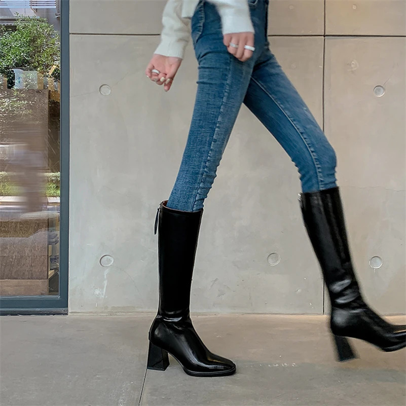 Meotina womens genuine leather knee high boots square toe block high boots zipper long boots womens fashion shoes winter beige 40240921