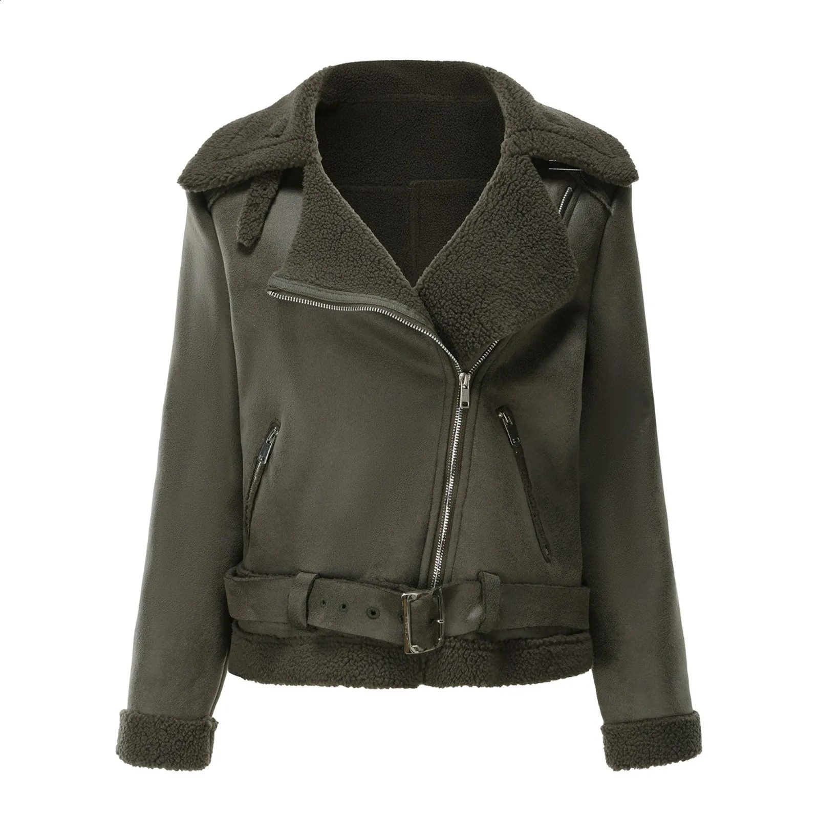 Warm Suede Lamb Jacket Winter Women Thick Short Motorcycle Coats Faux Shearling Leather Jackets Zip Cool Outwear WomenS Coat 240919