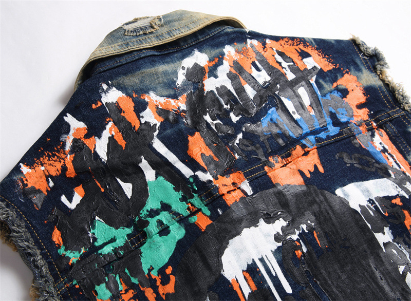 Men's New Slim-Fit European And American Style Multi-Badge Skull Paint Long-Sleeved Trendy Slim Denim Jacket M-3Xl