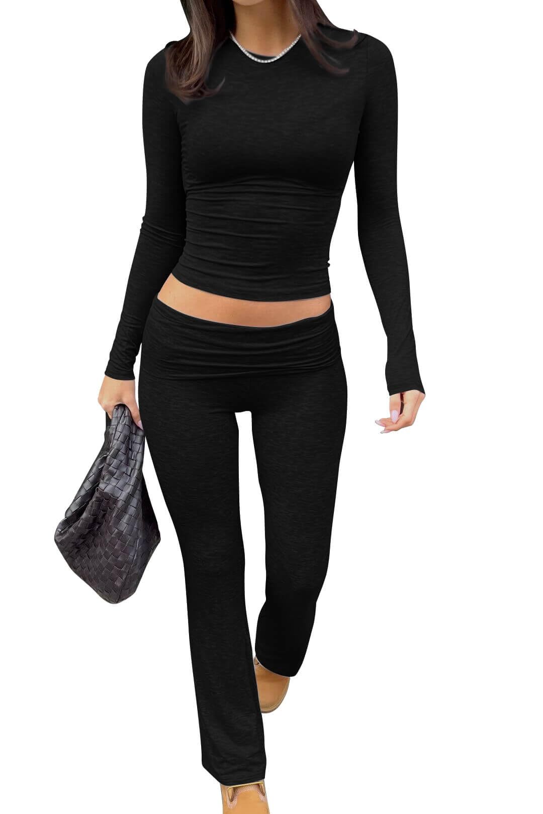Casual Workout Two Piece Outfits For Women Short Sleeve Crop High Waist Foldover Flare Pants Tracuit Sets Streetwear