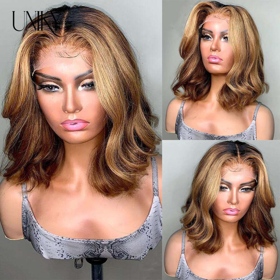 Body Wave Highlight Natural Black Color Bob Brazilian Human Middle Part Lace Frontal Pre Plucked Hair Wig 180 Density