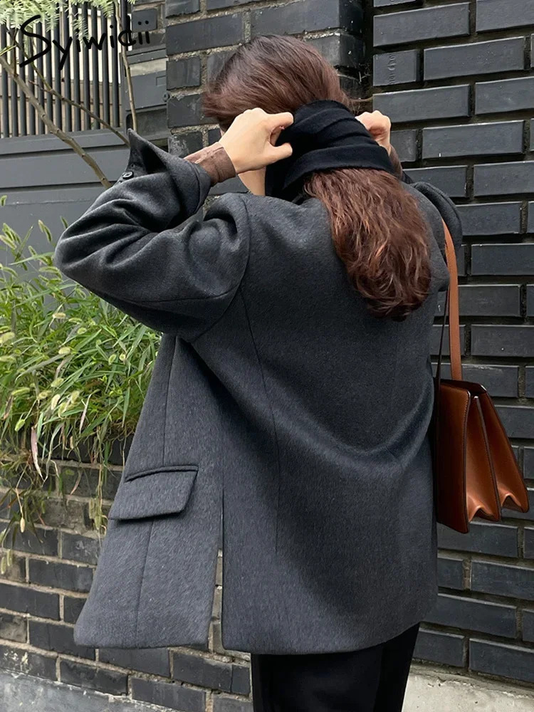 Syiwidii Vintage Grey Woolen Blazer for Women Fall Winter Office Ladies Long Sleeve Jacket Y2k Oversized Casual Coats 240918