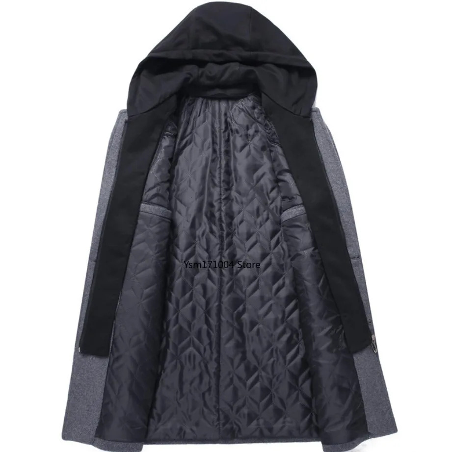 Winter New Men's Business Casual Cashmere Coat Thickened Warm Leave Two Pieces Of Grey Hooded Windbreaker
