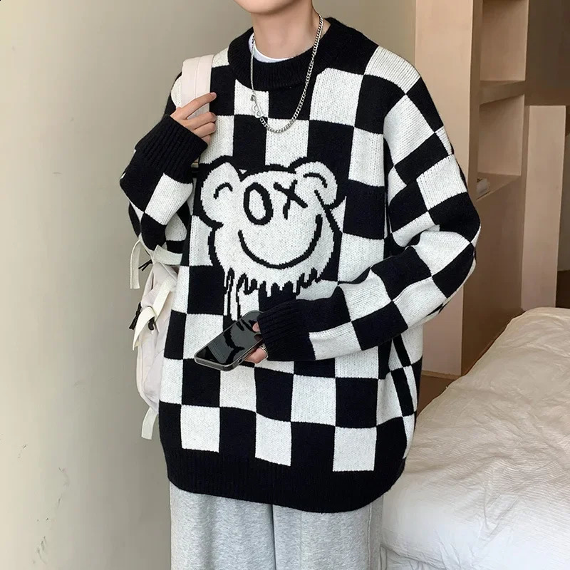 Versatile Long Sleeve Knitted Topjacket Pullover Sweater For Men Loosefit Style Chessboard Round Neck Unique Fashion 240915
