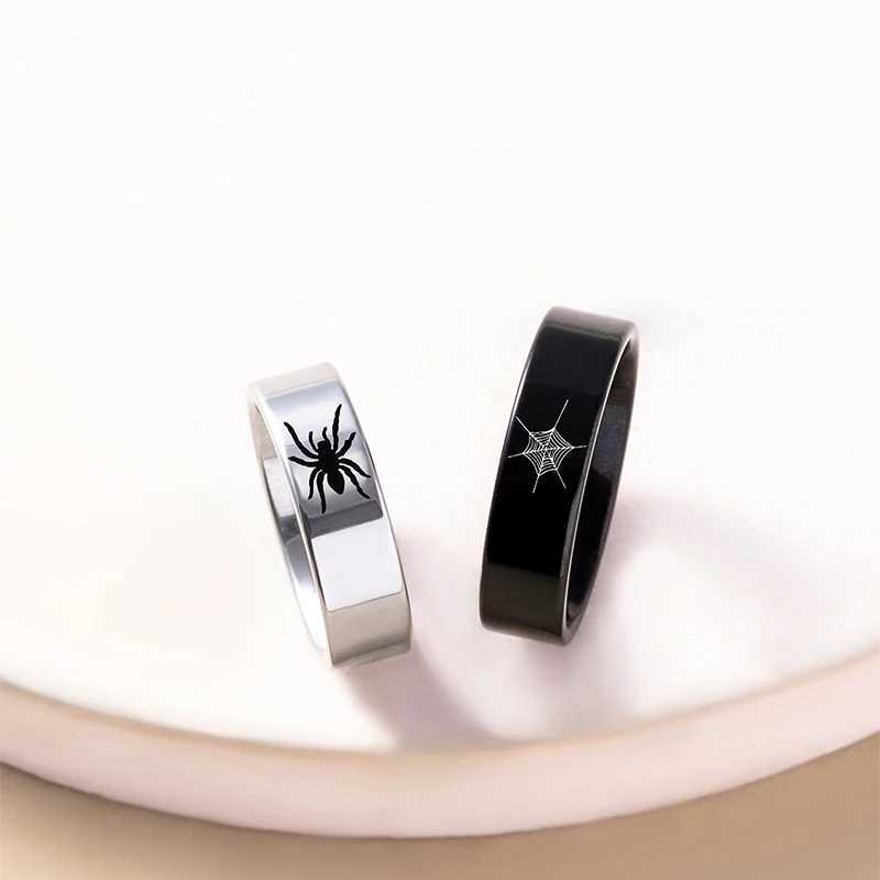 Halloween Spider Web Couple Rings Black Silver Color Stainless Steel Spider RingX240921